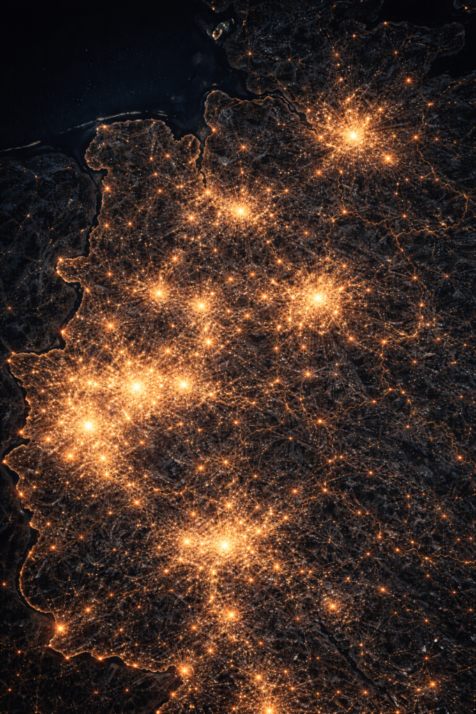 Künstlerische Nachtansicht von Nordrhein-Westfalen aus leuchtenden Lichtpunkten