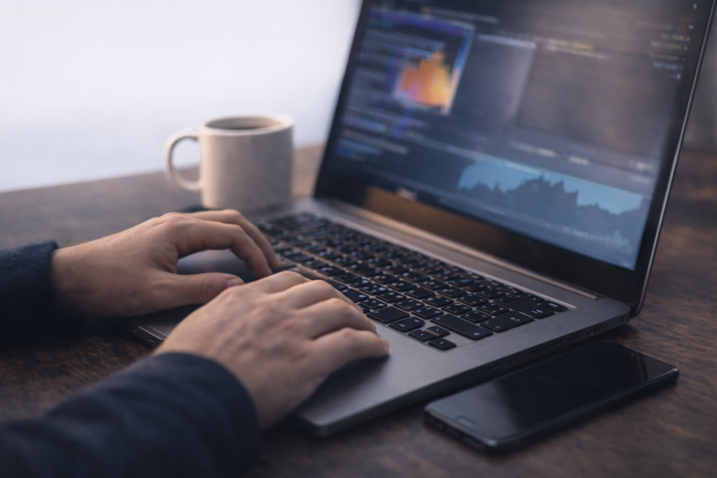 Laptop mit Analyse-Chart und Kaffeetasse auf dem Schreibtisch