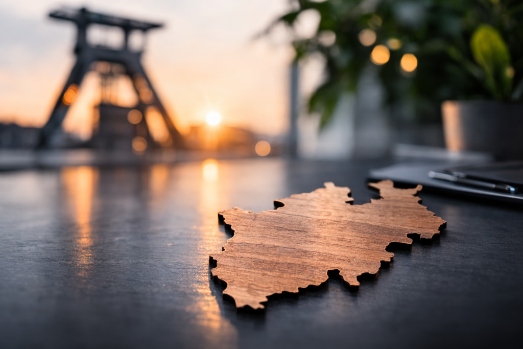 NRW-Umriss aus Holz mit Silhouette des Dortmunder Florianturms bei Sonnenuntergang