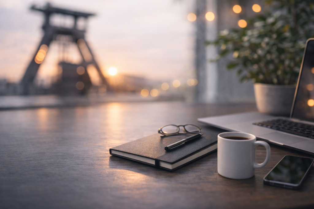 Schreibtisch mit Kaffee, Notizbuch und Laptop, im Hintergrund die Dortmunder Skyline bei Dämmerung
