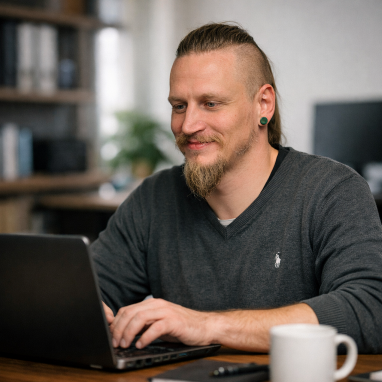 Tobias Menzebach sitz am Laptop im Büro und Arbeitet